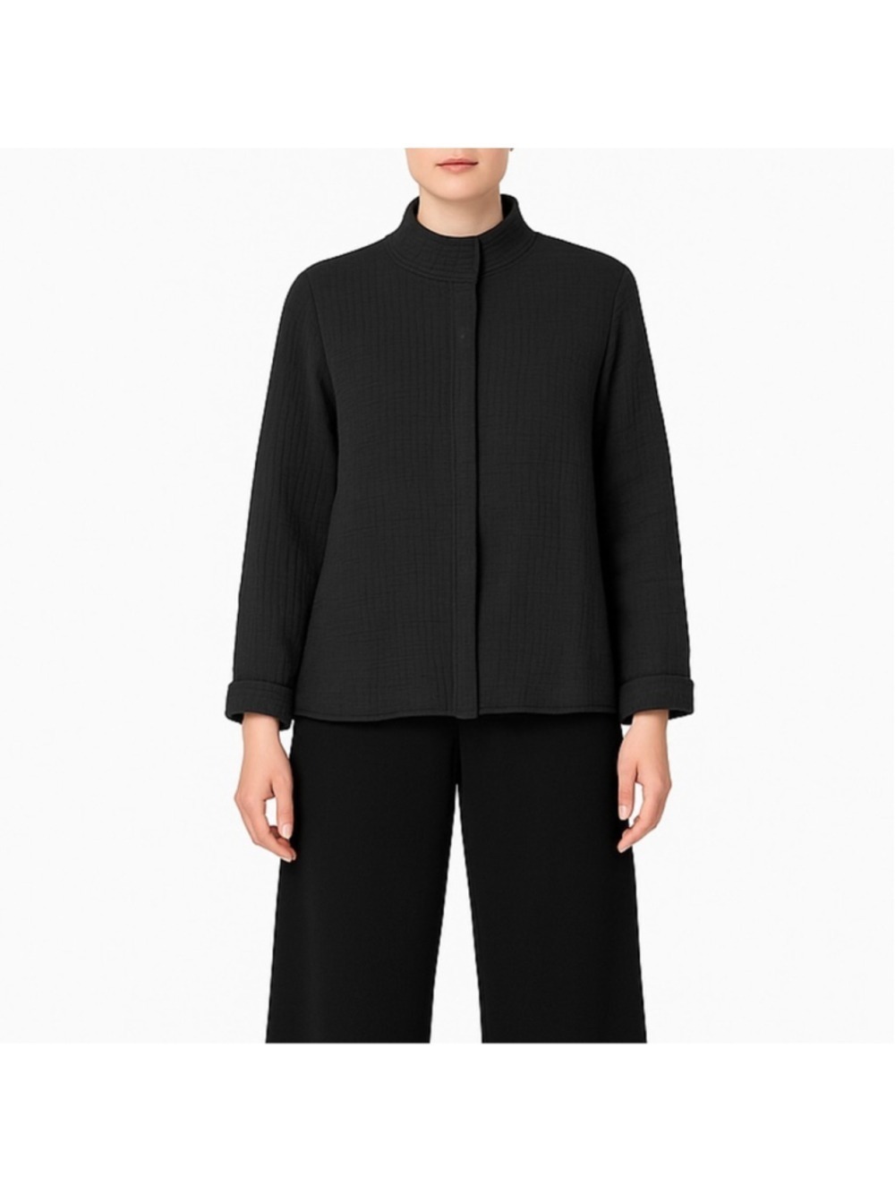 Eileen Fisher Textured Black Mandarin Collar Jacket Silk Blend Minimalist Medium